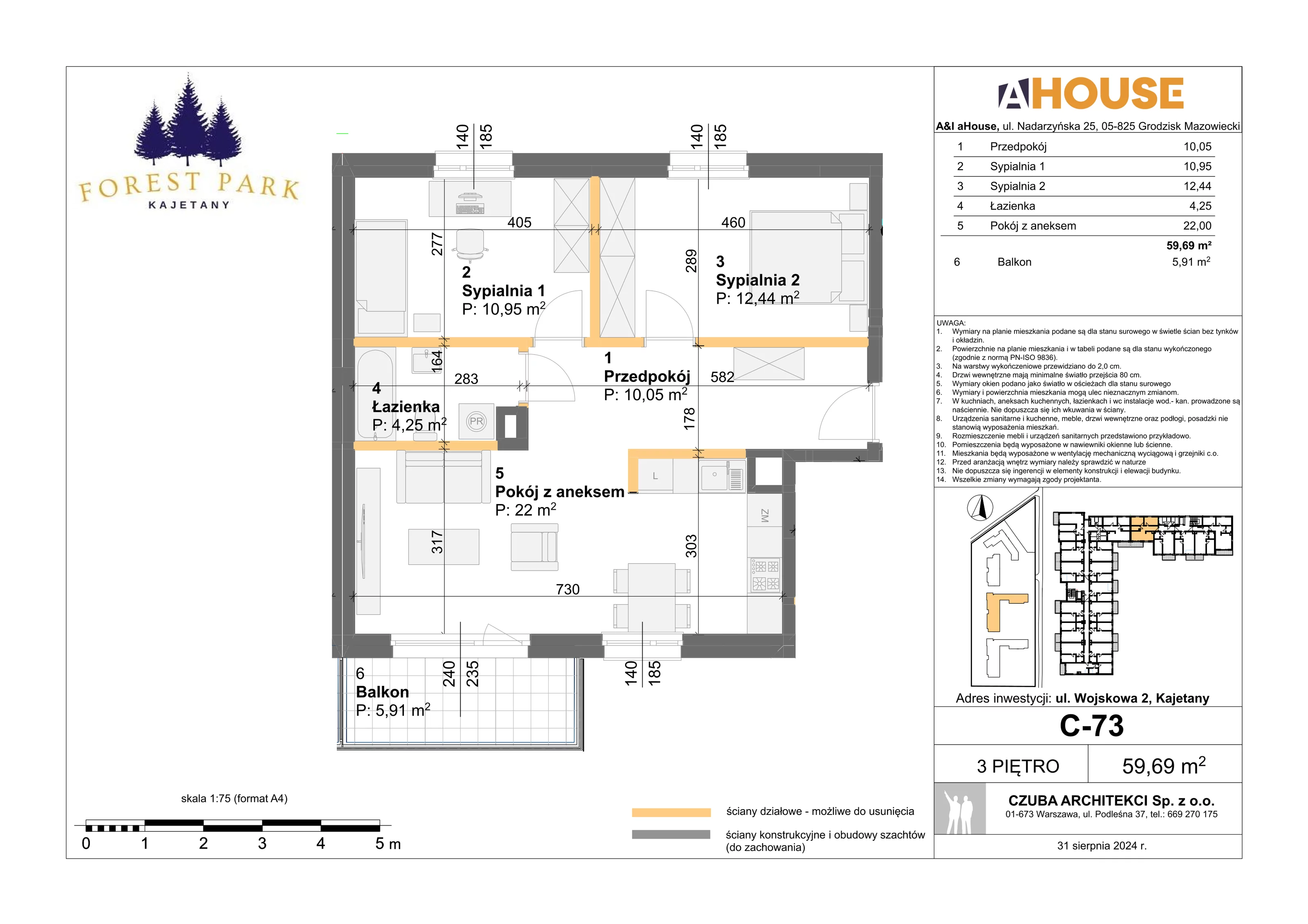 3 pokoje, mieszkanie 59,69 m², piętro 3, oferta nr C-73, Forest Park Kajetany, Kajetany, ul. Wojskowa 2